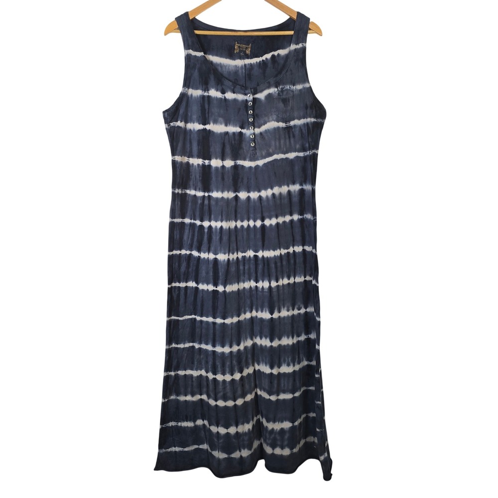 RuffHewn Womens Blue Tie Dye Henley Maxi Dress Cotton Sleeveless Large L Pocket‎